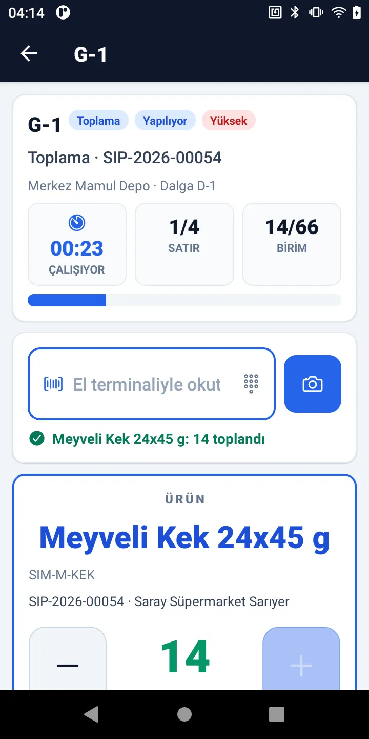 Android el terminalinde barkodla sipariş toplama ekranı